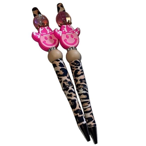 Happy face emoji leopard print cowboy hat beaded pen handmade Galaxy glitter bli - Picture 7 of 7